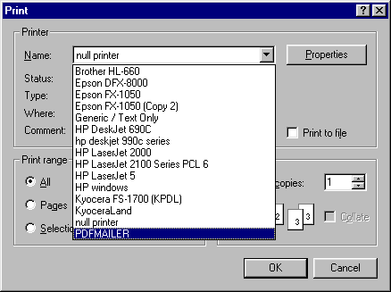 printer dialog for PDF Mailer